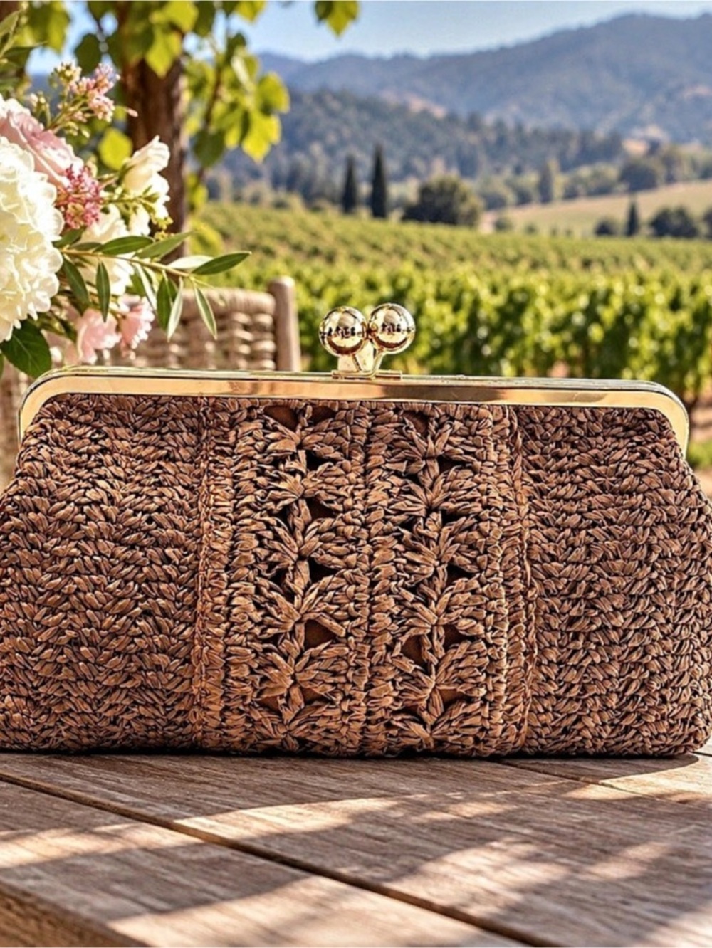 a new day Woven Kiss-Lock Clutch in Brown NWT
